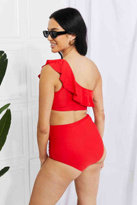 Marina West Swim Seaside Romance Ruffle One - Shoulder Bikini in Red - Happily Ever Atchison Shop Co.