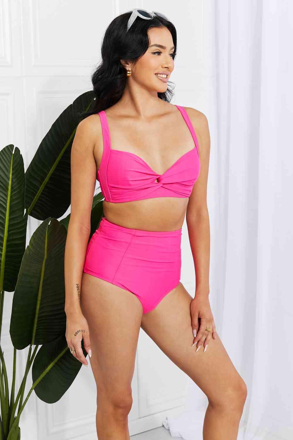 Marina West Swim Take A Dip Twist High - Rise Bikini in Pink - Happily Ever Atchison Shop Co.