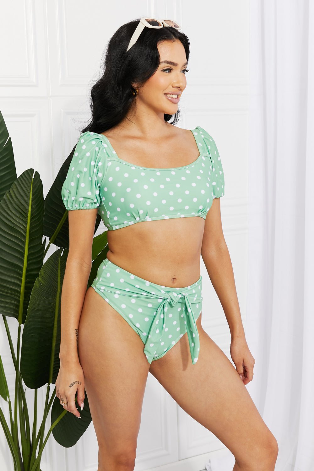Marina West Swim Vacay Ready Puff Sleeve Bikini in Gum Leaf - Happily Ever Atchison Shop Co.