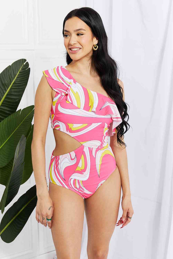 Marina West Swim Vitamin C Asymmetric Cutout Ruffle Swimsuit in Pink - Happily Ever Atchison Shop Co.