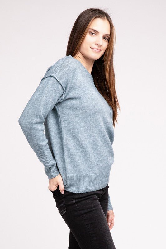 Melange Hi - Low hem Round Neck Sweater - Happily Ever Atchison Shop Co.