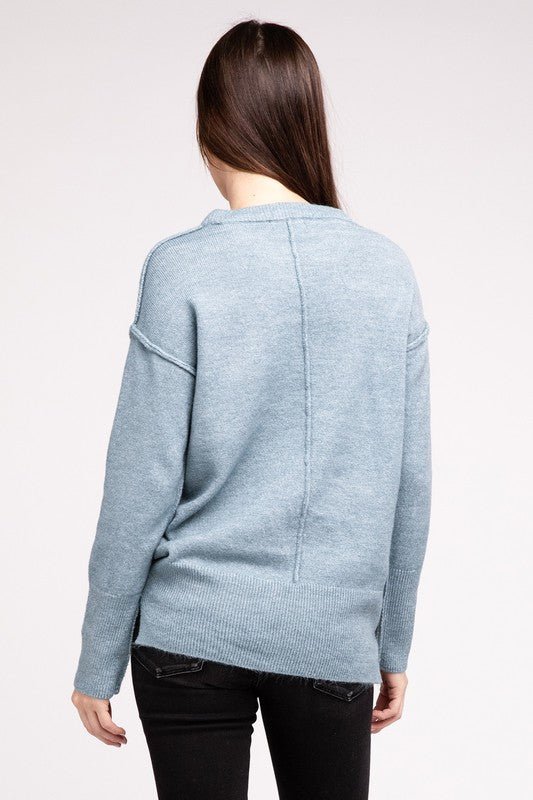 Melange Hi - Low hem Round Neck Sweater - Happily Ever Atchison Shop Co.