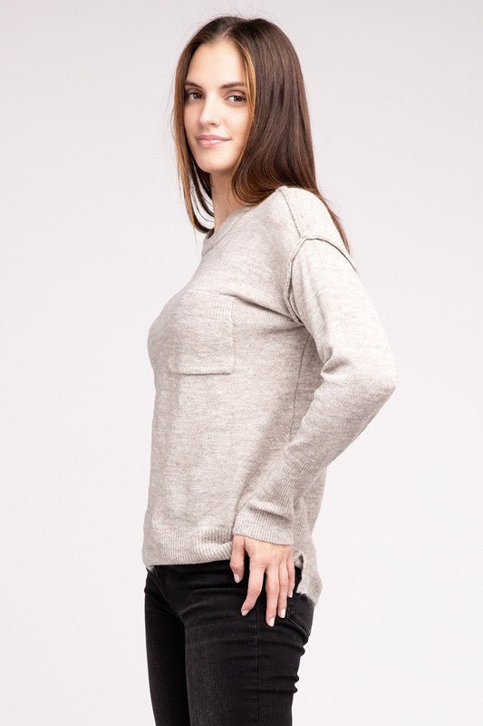 Melange Hi - Low hem Round Neck Sweater - Happily Ever Atchison Shop Co.