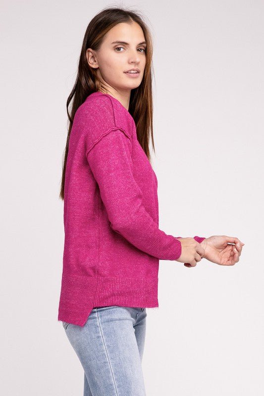 Melange Hi - Low hem Round Neck Sweater - Happily Ever Atchison Shop Co.