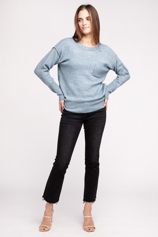 Melange Hi - Low hem Round Neck Sweater - Happily Ever Atchison Shop Co.