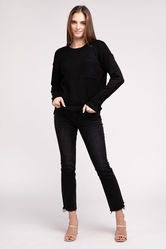 Melange Hi - Low hem Round Neck Sweater - Happily Ever Atchison Shop Co.