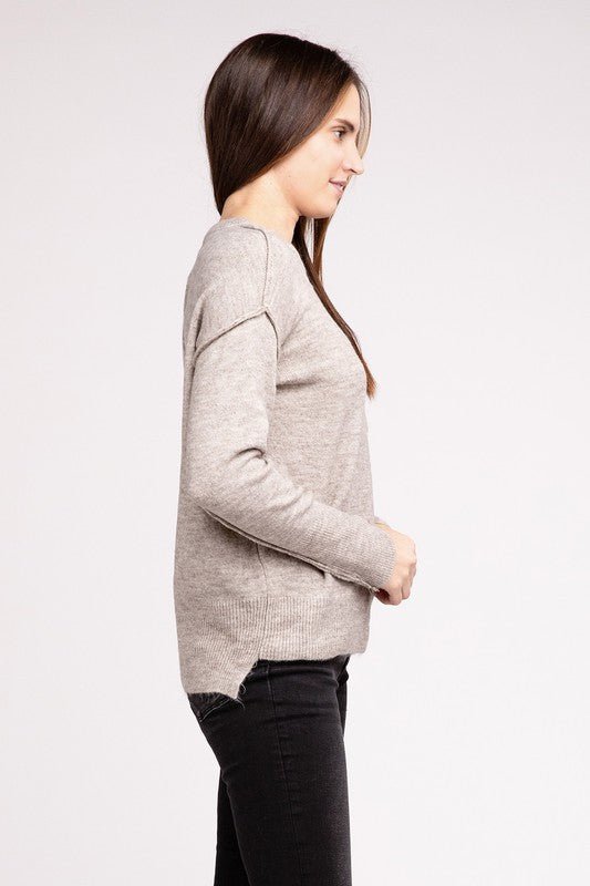 Melange Hi - Low hem Round Neck Sweater - Happily Ever Atchison Shop Co.