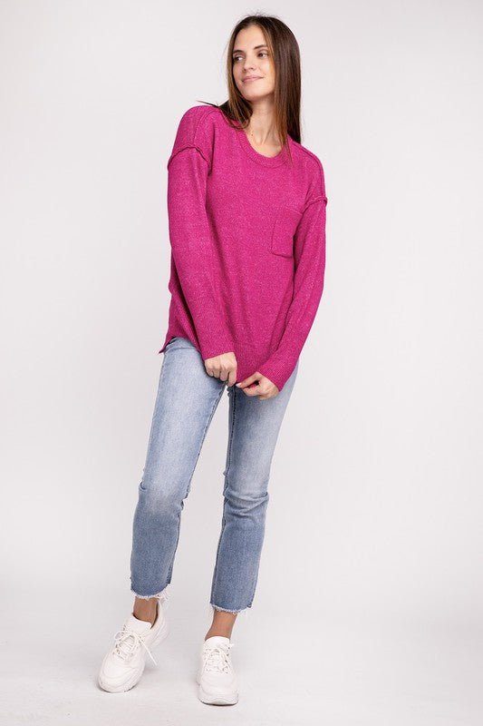 Melange Hi - Low hem Round Neck Sweater - Happily Ever Atchison Shop Co.