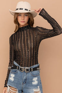 Metallic Star Stripe Mesh Mock Neck Top - Happily Ever Atchison Shop Co.