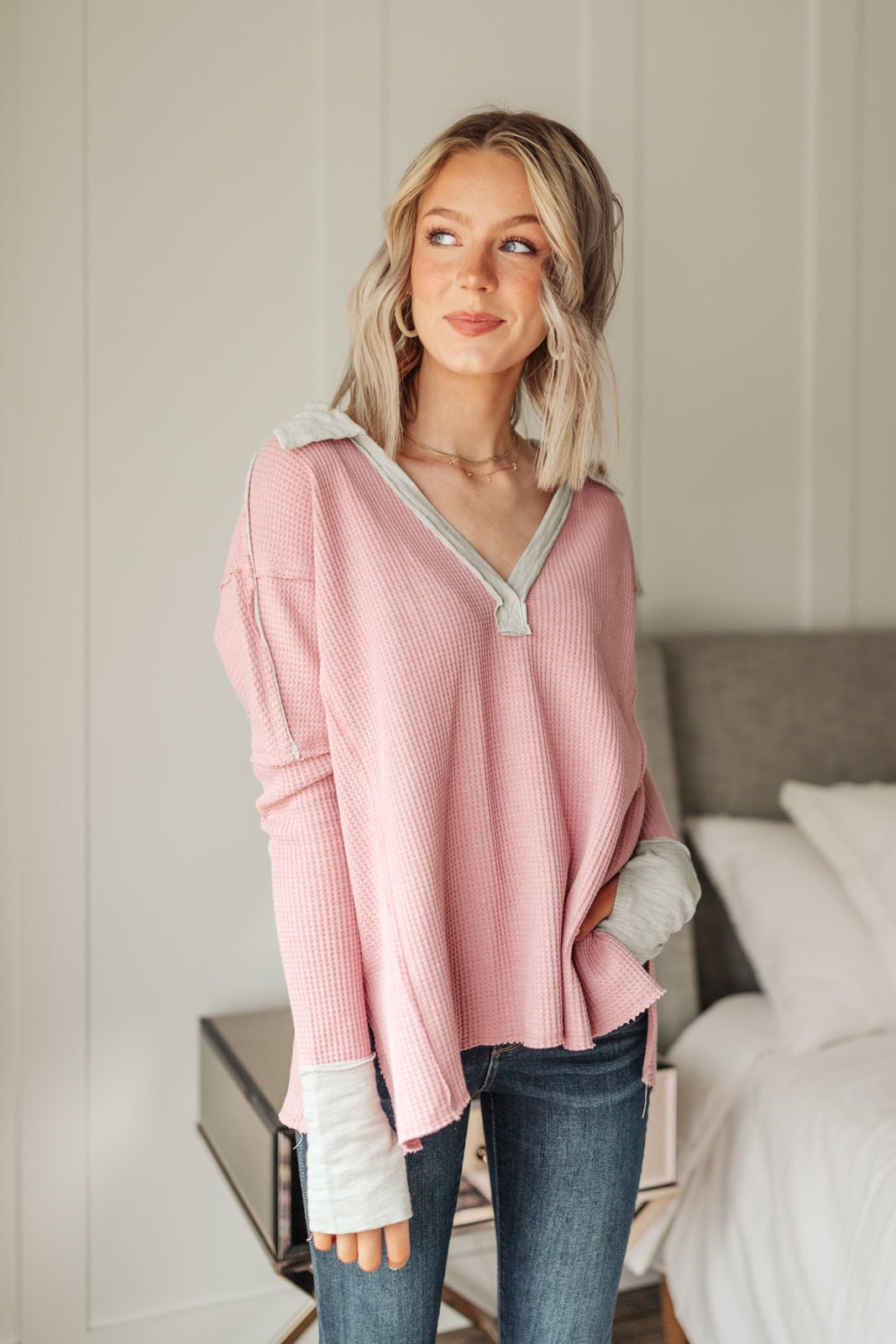 Mia Waffle Knit Long Sleeve In Pink - Happily Ever Atchison Shop Co.