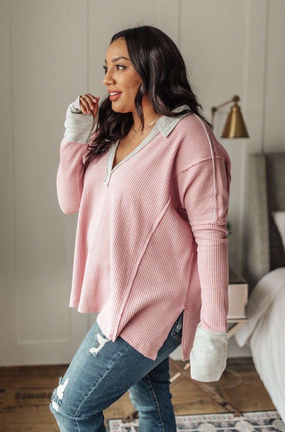 Mia Waffle Knit Long Sleeve In Pink - Happily Ever Atchison Shop Co.