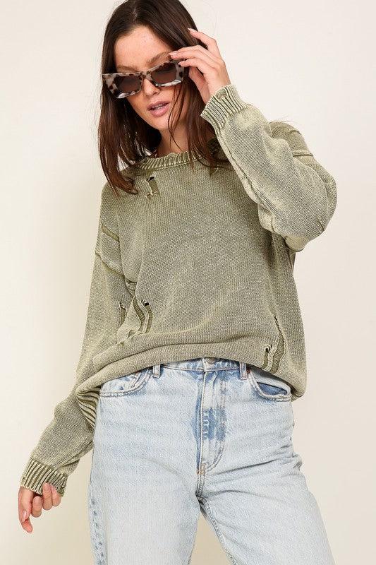 Mineral Wash Distressed Sweater - Happily Ever Atchison Shop Co.