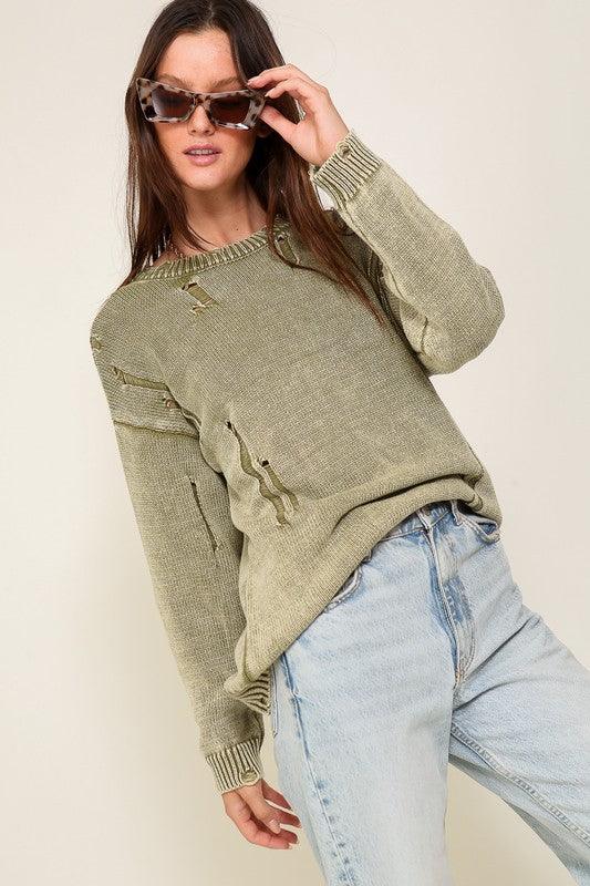 Mineral Wash Distressed Sweater - Happily Ever Atchison Shop Co.