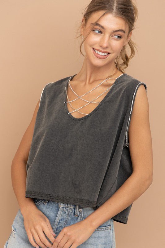 Mineral Washed Rhinestone Tank - Happily Ever Atchison Shop Co.