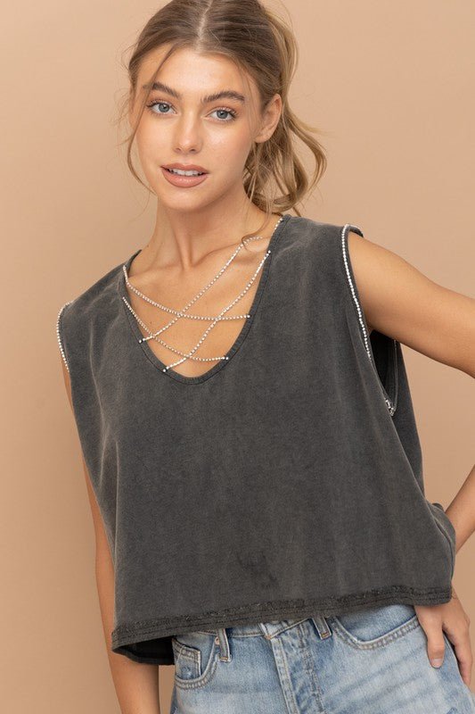 Mineral Washed Rhinestone Tank - Happily Ever Atchison Shop Co.