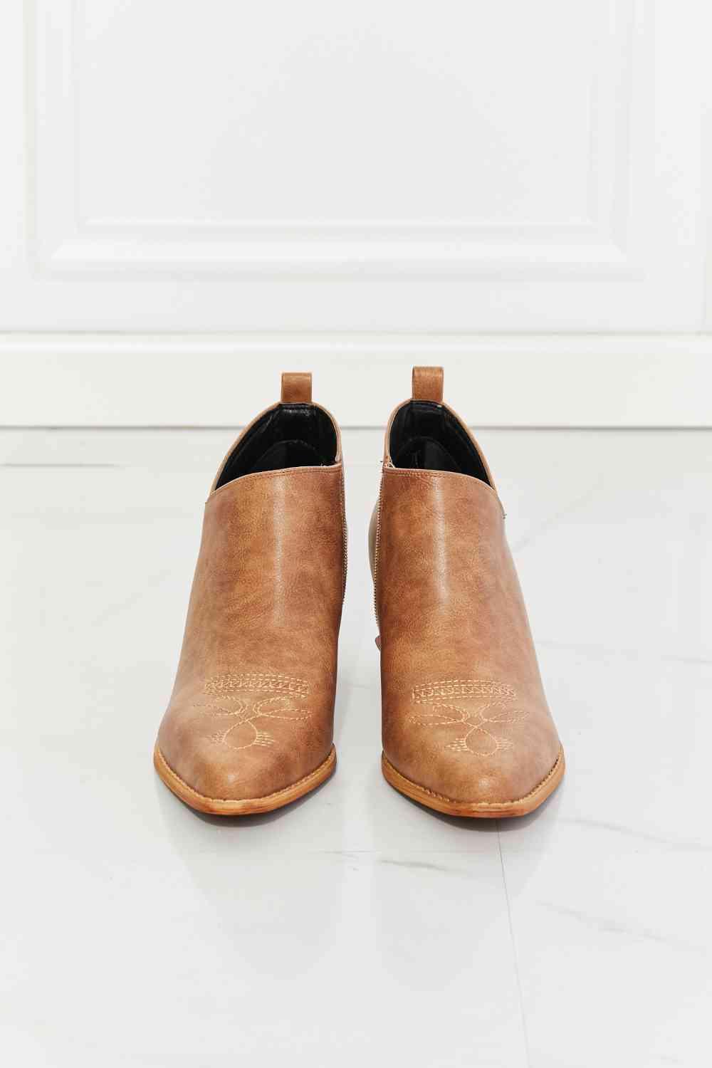 MMShoes Trust Yourself Embroidered Crossover Cowboy Bootie in Caramel - Happily Ever Atchison Shop Co.