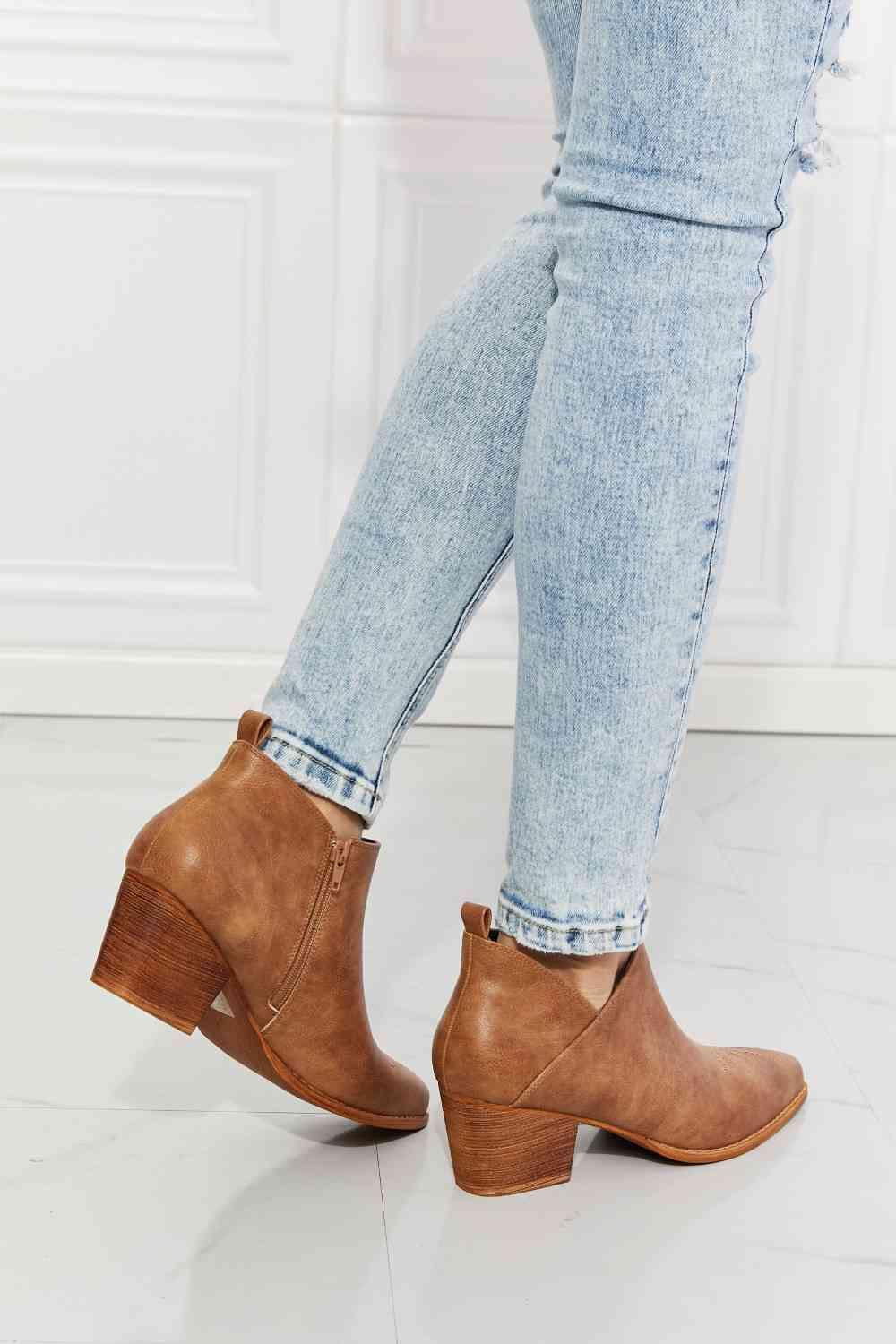 MMShoes Trust Yourself Embroidered Crossover Cowboy Bootie in Caramel - Happily Ever Atchison Shop Co.