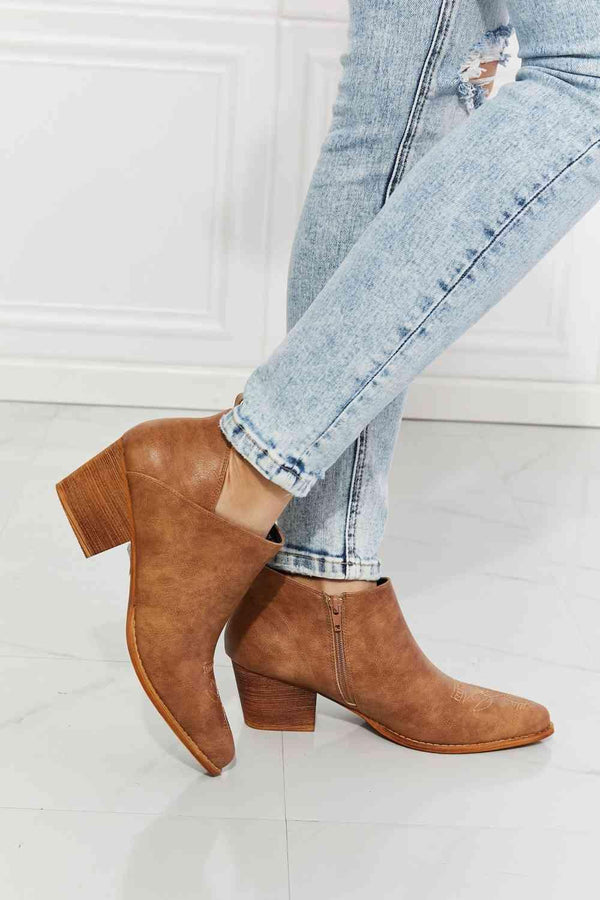 MMShoes Trust Yourself Embroidered Crossover Cowboy Bootie in Caramel - Happily Ever Atchison Shop Co.