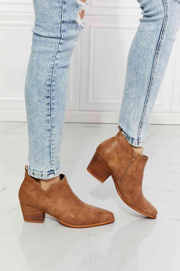 MMShoes Trust Yourself Embroidered Crossover Cowboy Bootie in Caramel - Happily Ever Atchison Shop Co.