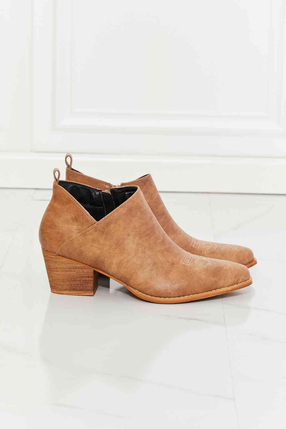 MMShoes Trust Yourself Embroidered Crossover Cowboy Bootie in Caramel - Happily Ever Atchison Shop Co.