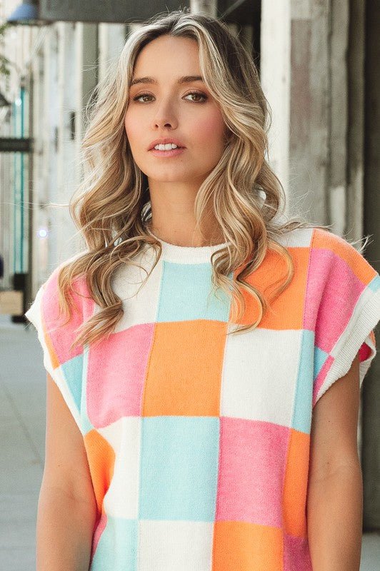 Multi - Color Checker Sweater Vest - Happily Ever Atchison Shop Co.