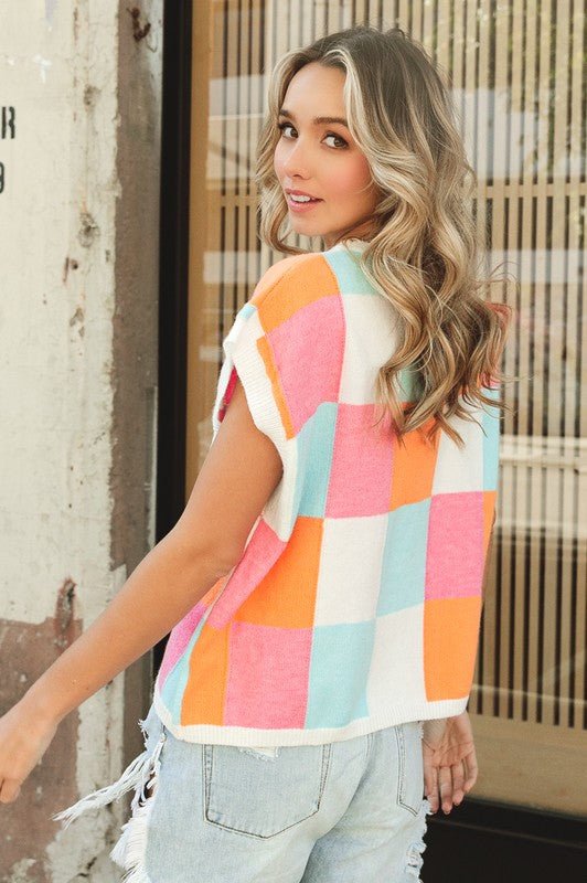 Multi - Color Checker Sweater Vest - Happily Ever Atchison Shop Co.