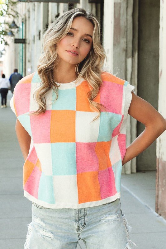 Multi - Color Checker Sweater Vest - Happily Ever Atchison Shop Co.