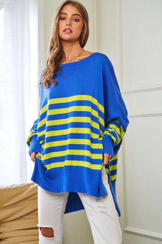 Multi Striped Elbow Patch Loose Fit Sweater Top - Happily Ever Atchison Shop Co.