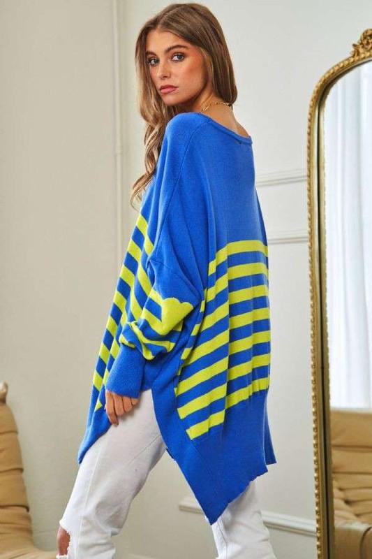 Multi Striped Elbow Patch Loose Fit Sweater Top - Happily Ever Atchison Shop Co.