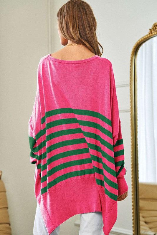 Multi Striped Elbow Patch Loose Fit Sweater Top - Happily Ever Atchison Shop Co.