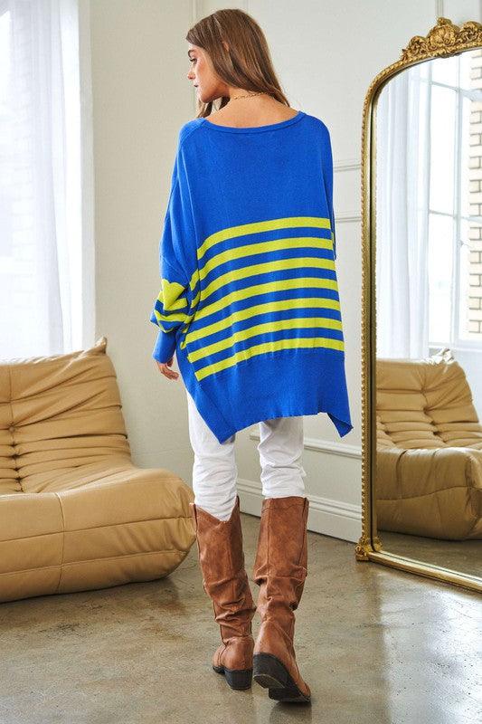 Multi Striped Elbow Patch Loose Fit Sweater Top - Happily Ever Atchison Shop Co.