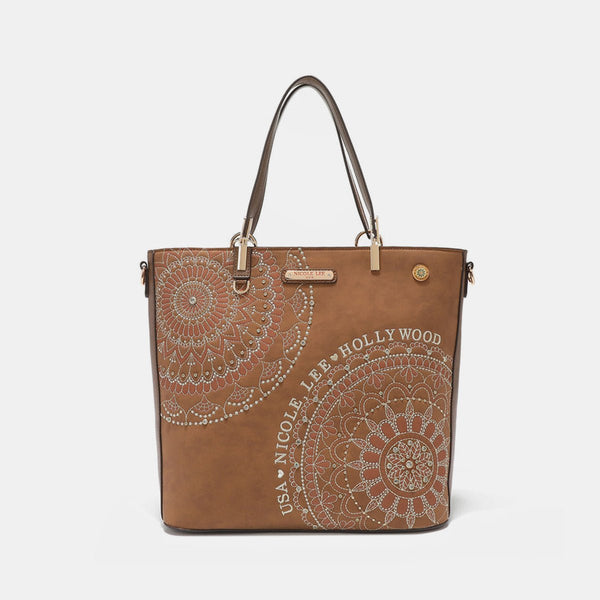 Nicole Lee USA Metallic Stitching Embroidery Inlaid Rhinestone Tote Bag - Happily Ever Atchison Shop Co.