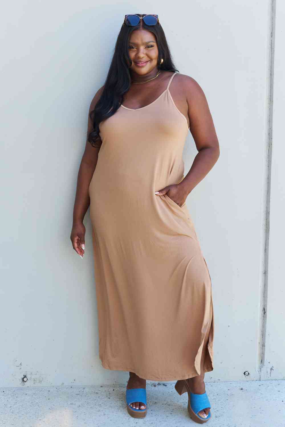 Ninexis Good Energy Full Size Cami Side Slit Maxi Dress in Camel - Happily Ever Atchison Shop Co.