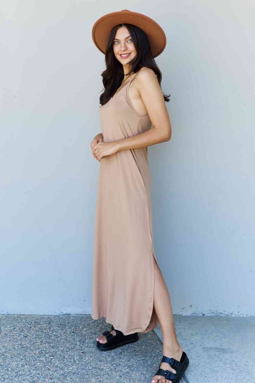 Ninexis Good Energy Full Size Cami Side Slit Maxi Dress in Camel - Happily Ever Atchison Shop Co.