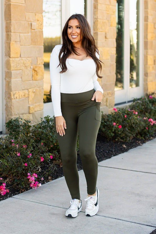 Olive Green Full Length Leggings with Pocket - Happily Ever Atchison Shop Co.