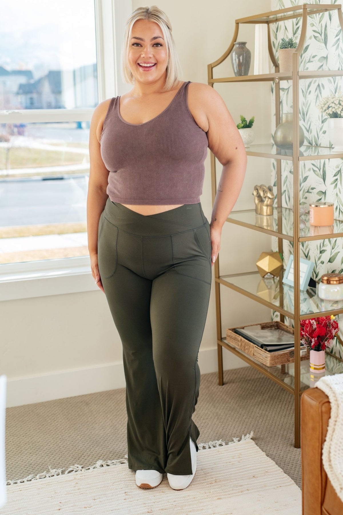 On the Move V Front Flare Leggings in Olive - Happily Ever Atchison Shop Co.