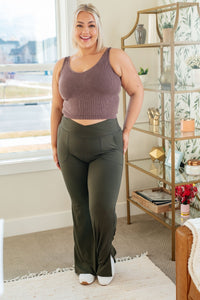 On the Move V Front Flare Leggings in Olive - Happily Ever Atchison Shop Co.