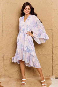 OneTheLand Take Me With You Floral Bell Sleeve Midi Dress in Blue - Happily Ever Atchison Shop Co.