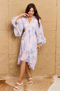 OneTheLand Take Me With You Floral Bell Sleeve Midi Dress in Blue - Happily Ever Atchison Shop Co.