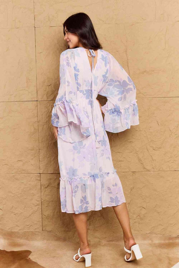 OneTheLand Take Me With You Floral Bell Sleeve Midi Dress in Blue - Happily Ever Atchison Shop Co.