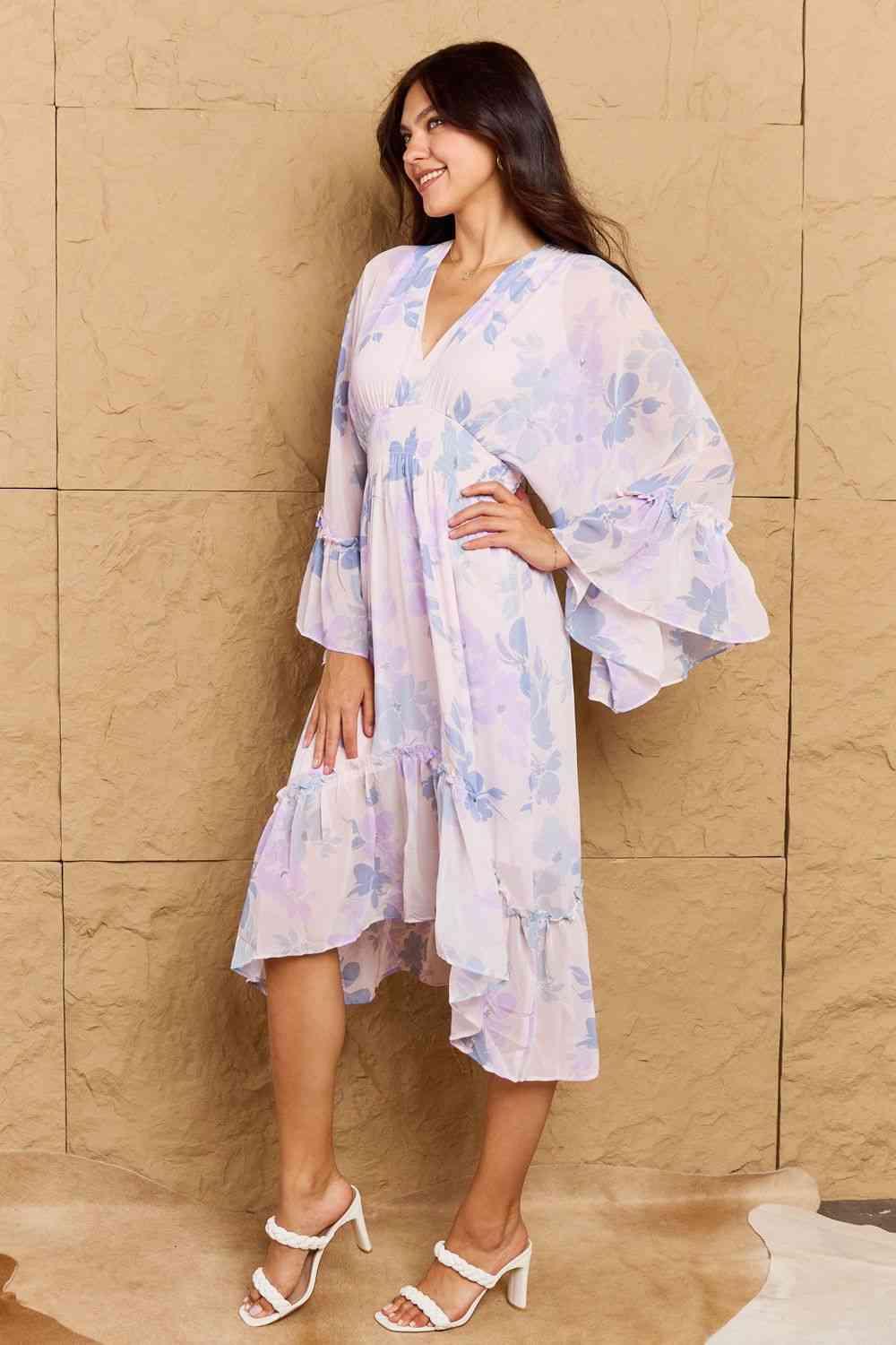OneTheLand Take Me With You Floral Bell Sleeve Midi Dress in Blue - Happily Ever Atchison Shop Co.