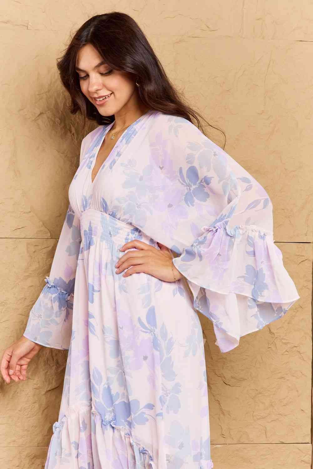 OneTheLand Take Me With You Floral Bell Sleeve Midi Dress in Blue - Happily Ever Atchison Shop Co.