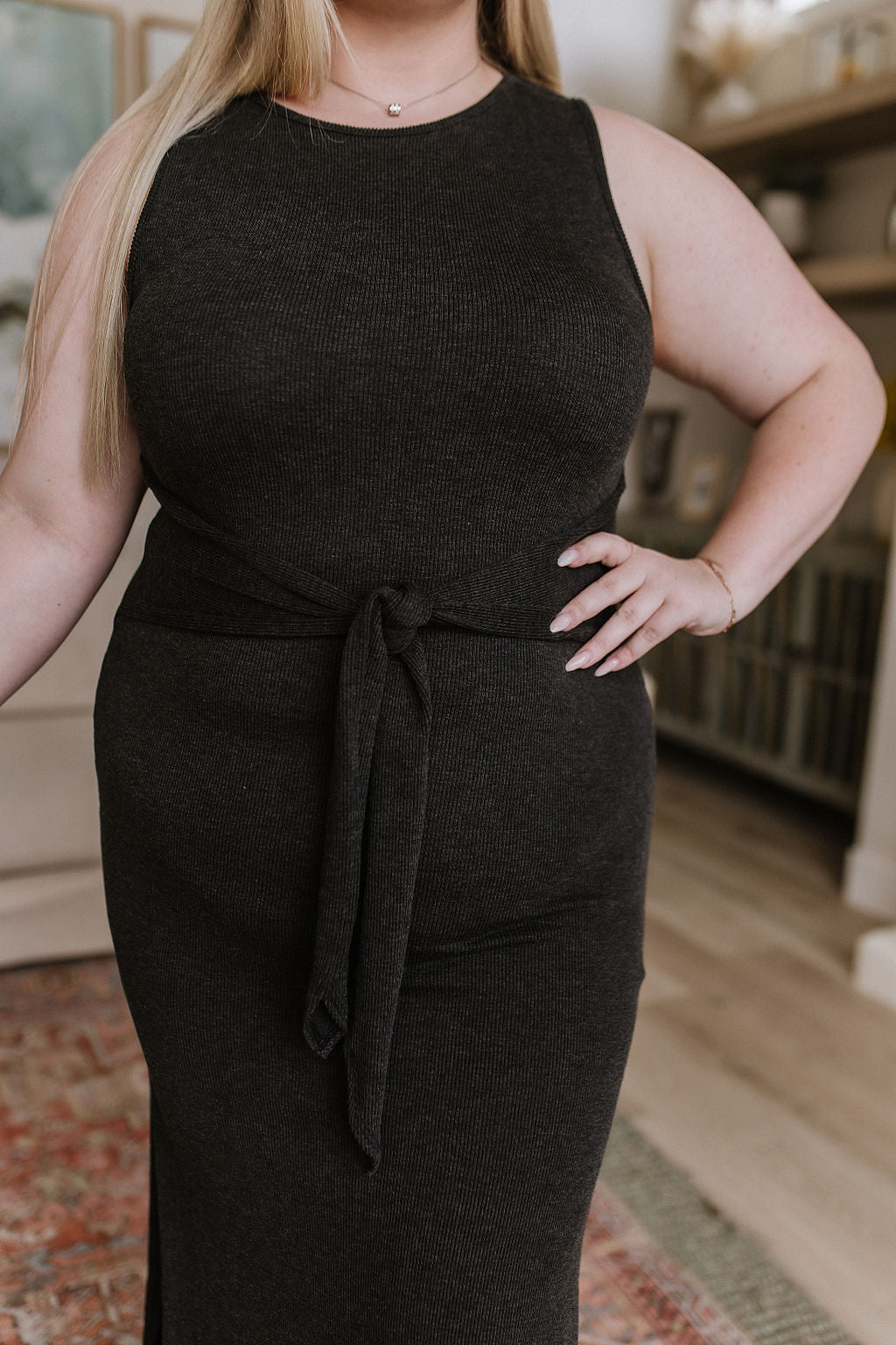 Out on the Town Tie Detail Midi Dress in Charcoal - Happily Ever Atchison Shop Co.
