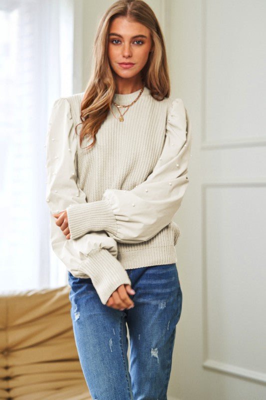 Pearl Embellishments Contrast Sleeves Sweater - Happily Ever Atchison Shop Co.