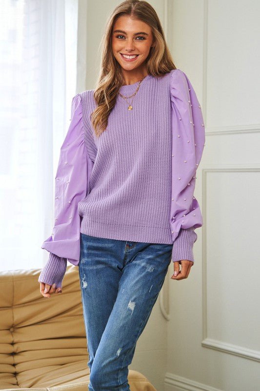 Pearl Embellishments Contrast Sleeves Sweater - Happily Ever Atchison Shop Co.