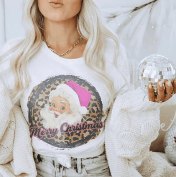 Pink Leopard Santa Graphic Tee - Happily Ever Atchison Shop Co.