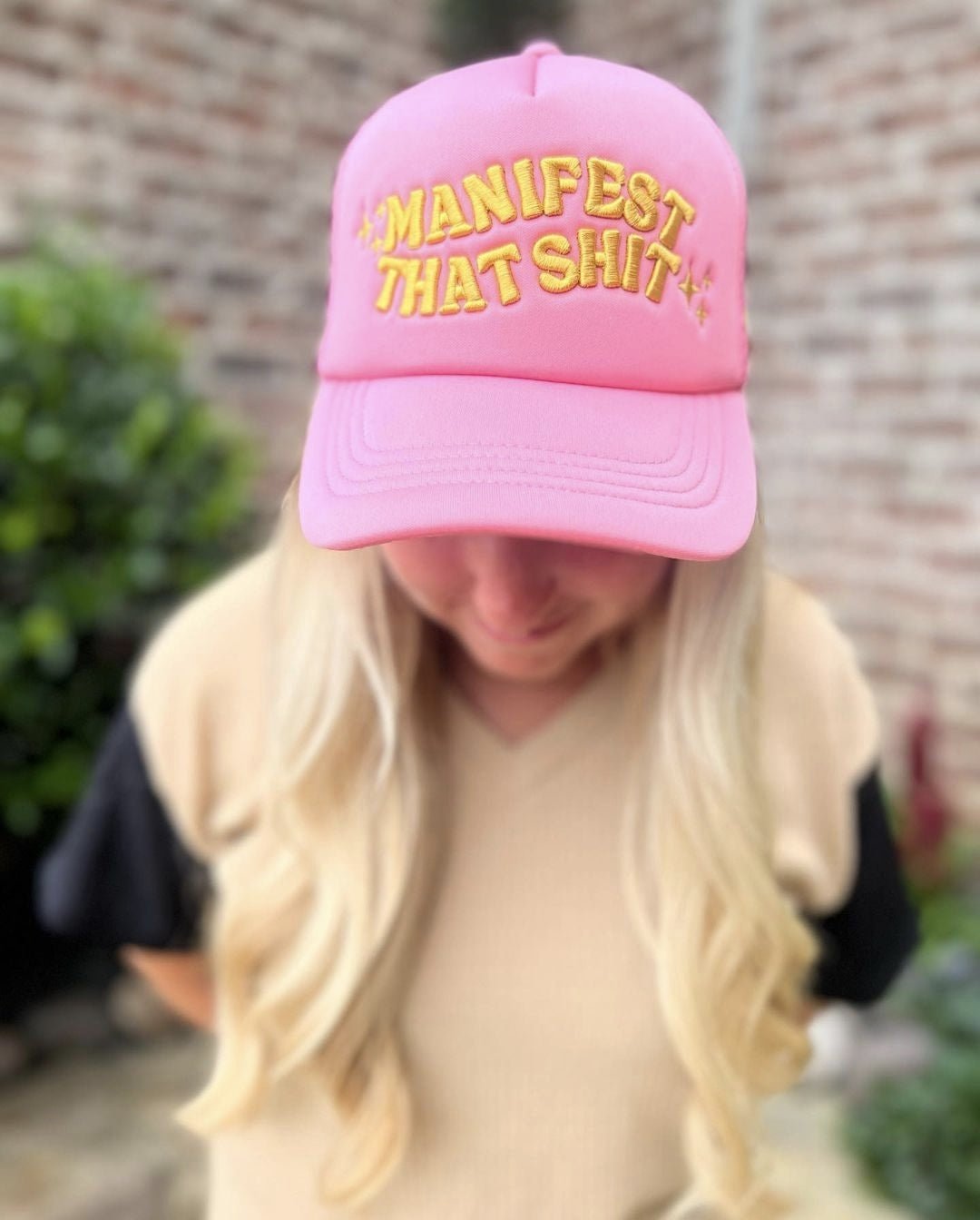 PINK"MANIFEST THAT SHIT" TRUCKER HAT - Happily Ever Atchison Shop Co.