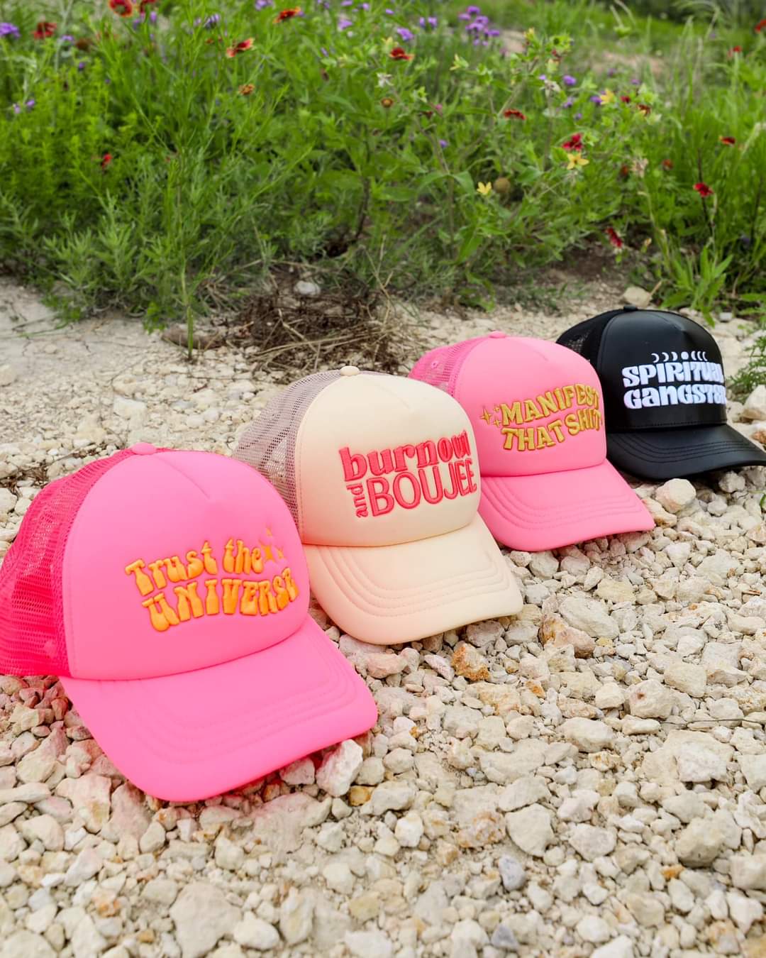 PINK"MANIFEST THAT SHIT" TRUCKER HAT - Happily Ever Atchison Shop Co.