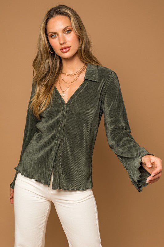 Plisse Lettuce Hem Blouse - Happily Ever Atchison Shop Co.