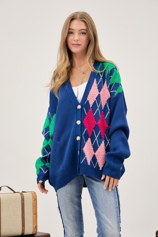 Plush Argyle Button Front Loose Fit Knit Cardigan - Happily Ever Atchison Shop Co.